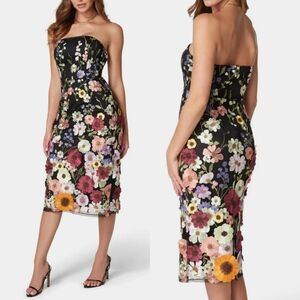 NWT Bebe Delilah 3D Floral Embroidered Midi Dress Strapless Siz Small Pencil Cut